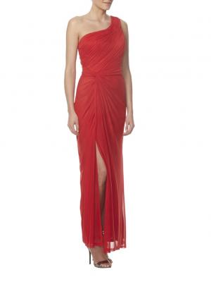 one shoulder slit side long chiffon bridesmaid dress in red