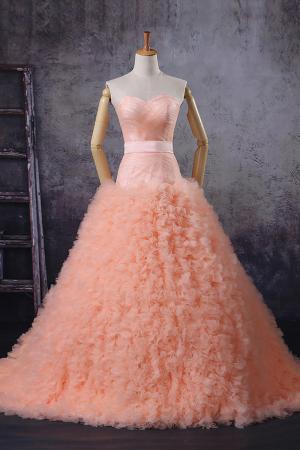 unusual peach ruffled strapless wedding dress
